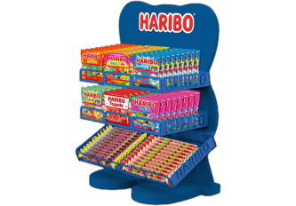 Présentoir comptoir bleu HARIBO sachets & mega roulettes