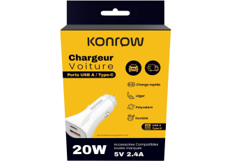 Chargeur voiture 2x port USB / Type- C KONROW