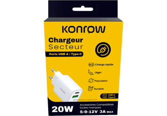 Chargeur 2x Port USB / Type-C 20W KONROW