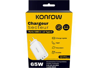 Chargeur rapide 65W 2x Usb Type-C KONROW